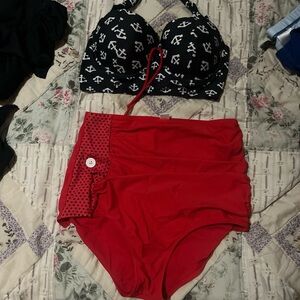 Anchor Print Bikini Top with Red High-Waisted Bottoms